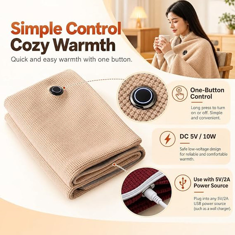 Heated Shawl, Wearable Heated Blanket with 8 Panels, 3 Heat Levels, USB 8 Carbon-Fiber Heating Panels in 4 Center Zones with 3 Heat Levels; Requires a 5V/2A USB Power Source.