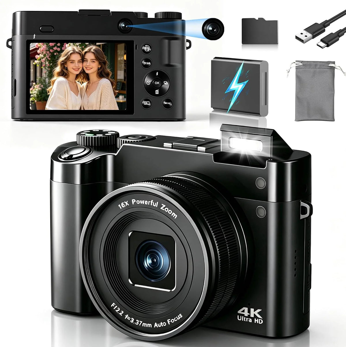 4K Digital Camera, Autofocus Point-And-Shoot Camera