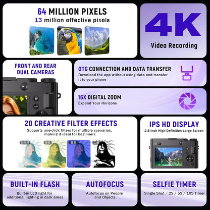 4K Digital Camera, Autofocus Point-And-Shoot Camera