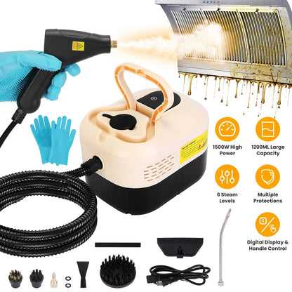 1500W Handheld High Temperature and Pressure Steamer Cleaner with 1200ML Tank 8 Accessories 6 Steam Levels Digital Display Handle Control for Dirt Grease Grout Tile Floor Couch Car